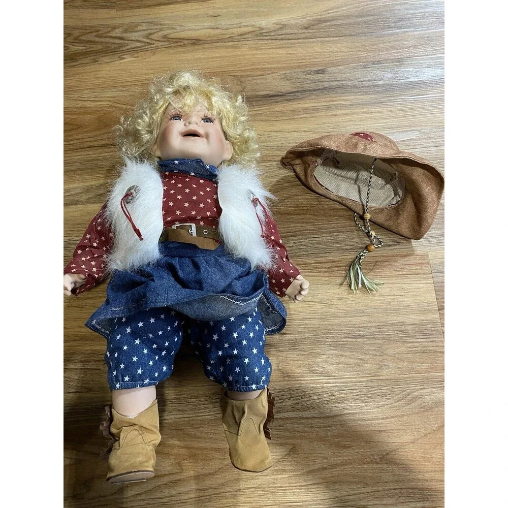 22in Porcelain Doll Patriotic Cowgirl Blonde Curls Blue Eye
